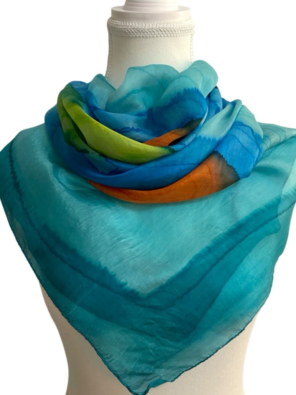Nalini 100% Silk Watercolor Floral Scarf Blue Green Pink Orange Square 38" x 40"